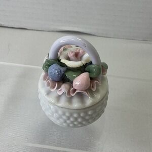 Vintage Capodimonte Porcelain Round Basket W Flowers Vanity Jewelry Trinket  Box